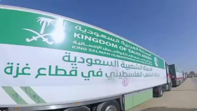 صورة دخول قافلة مساعدات سعودية تتضمن 45 شاحنة من معبر رفح في اتجاه قطاع غزة