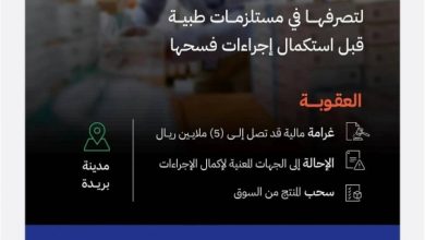 صورة «الغذاء والدواء»: مخالفة منشأة لتصرفها في مستلزمات طبية قبل استكمال إجراءات فسحها  أخبار السعودية