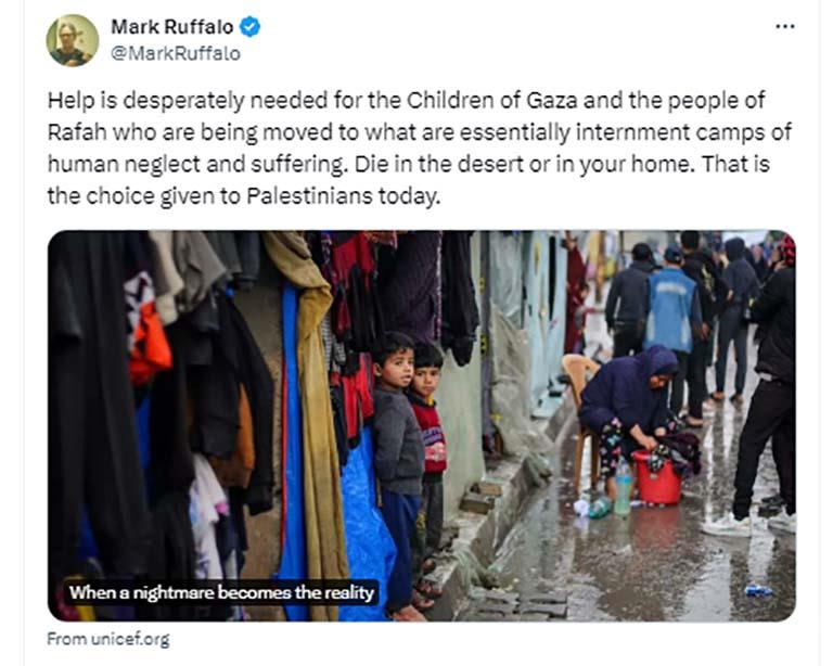 الممثل الأمريكي مارك رافالو يواصل دعم القضية الفلسطينية