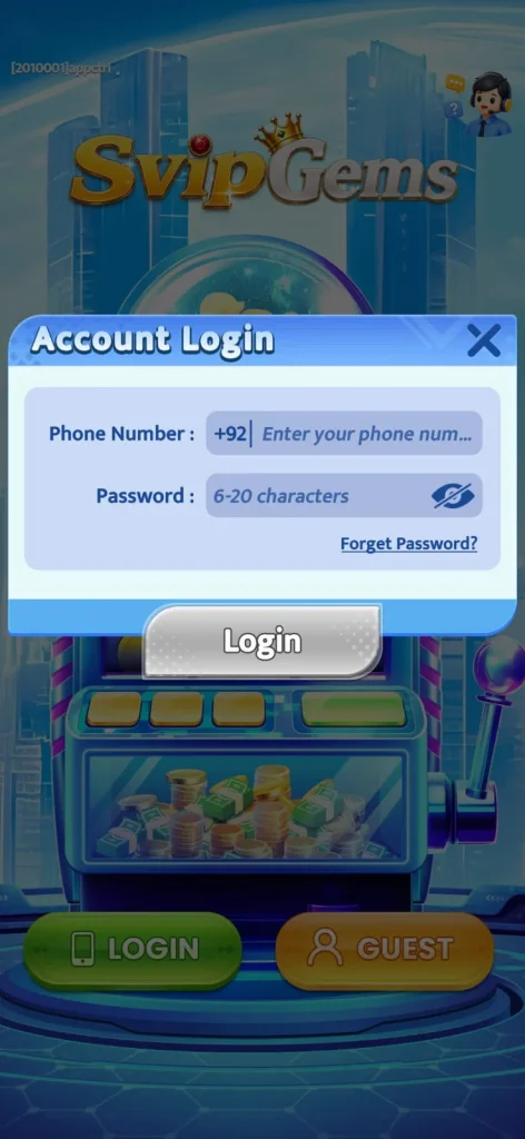 Svip Gems app home screen and game lobby