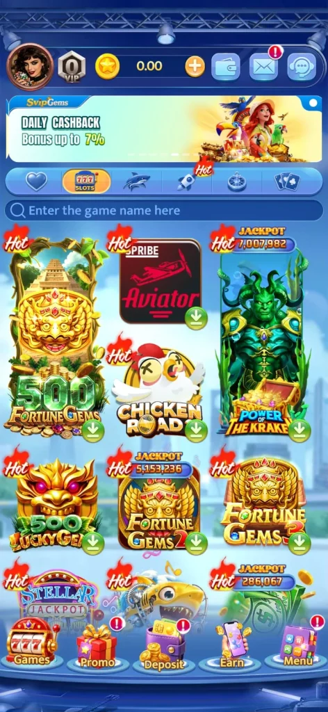 Svip Gems card games and slots selection